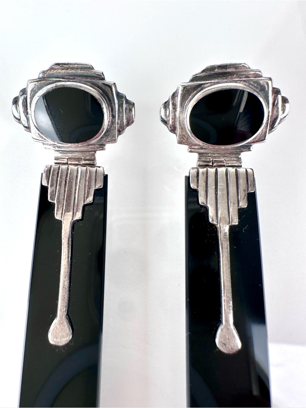Vintage 925 Sterling Silver Black Onyx Art Deco Architectural Earrings - Picture 4 of 12